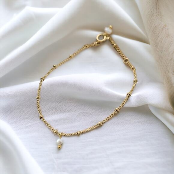 NEW 18K yellow gold plated freshwater pearl chain beaded bracelet jewelry B22B - Picture 1 of 4